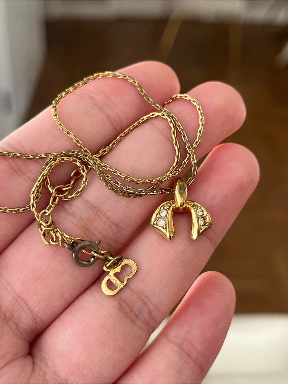 Authentic Vintage Dior Bow Tie Ribbon Tails Rhinestone Gold Thin Chain Necklace